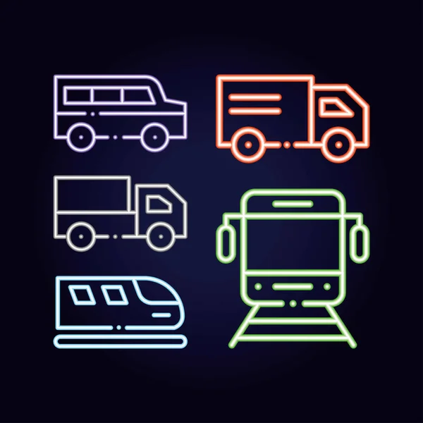 Iconos Conjunto Neón Transporte Negro Fondo — Vector de stock