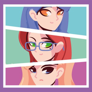 Anime kızların yakın çekim tarzıyla yüzleşir