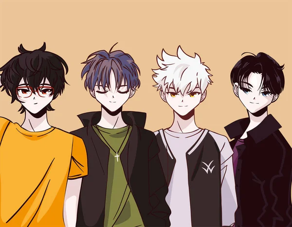 Anime Knappe Mannen Personages Stijl — Stockvector