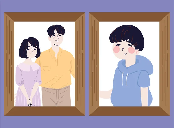 両親と息子の家族韓国の写真ベクトルスタイル — ストックベクタ