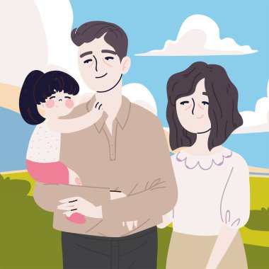 baba anne ve kız Koreli aile, vektör stili.