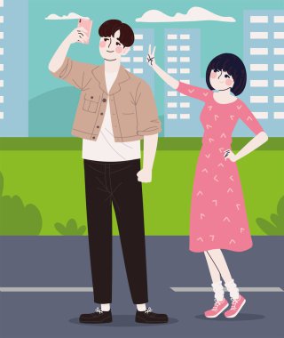 Mutlu Koreli çift fotoğraf çekiyor.