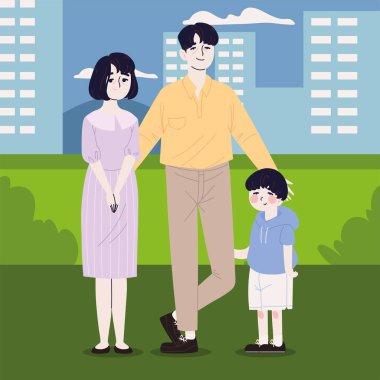 Şehirde Koreli bir aile, vektör stili.