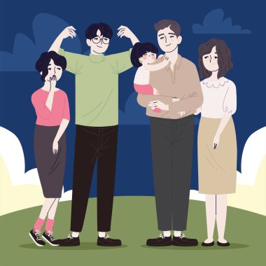 Gece sahnesindeki Koreli aile