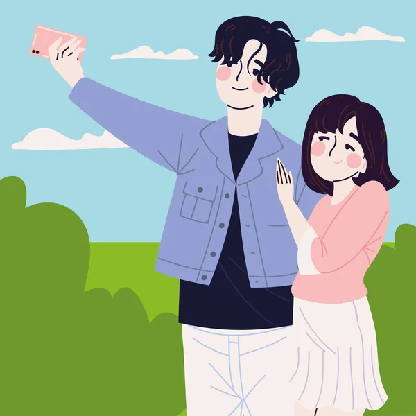 Coppia Coreana Scattare Selfie Design — Vettoriale Stock