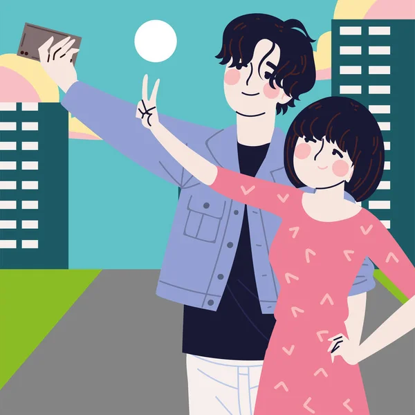 Coreano Feliz Casal Tomando Selfie —  Vetores de Stock