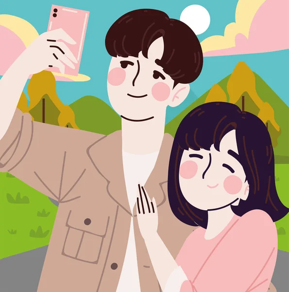 Couple Coréen Utilisant Smartphone Style Vectoriel — Image vectorielle