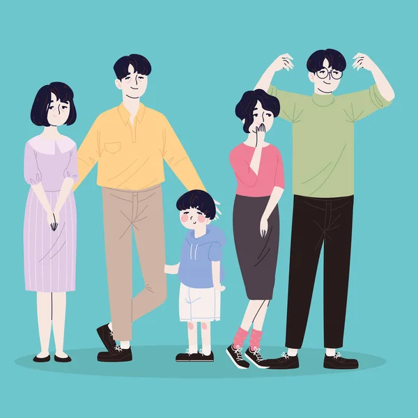 Rodina Lidé Korejský Kreslený Vektorový Styl — Stockový vektor