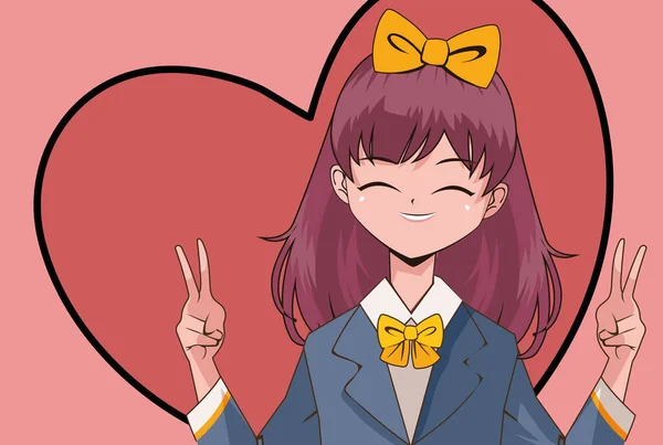 Anime Adolescente Fêmea Com Coração — Vetor de Stock