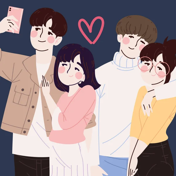 Parejas Juntos Corea Tomando Selfie — Vector de stock