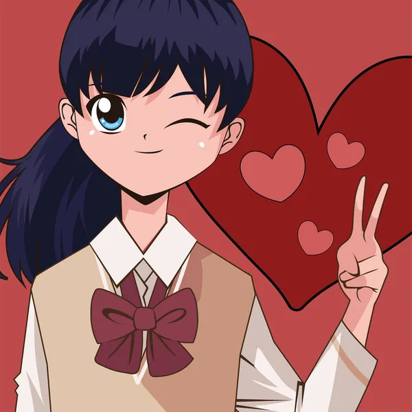 Anime Menina Adolescente Com Corações — Vetor de Stock