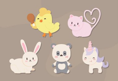 kawaii hayvanları ve yiyecek, ikon seti