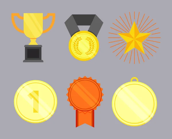 Medallas Premio Trofeo Iconos Estilo Plano — Vector de stock