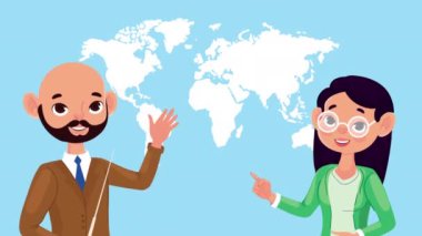 öğretmen çifti dünya haritası animasyonu, 4k video animasyonu