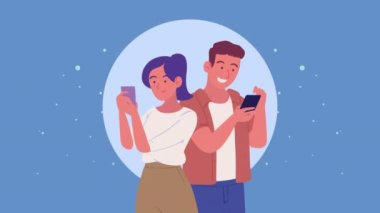 Akıllı telefon animasyonu kullanan genç çift, 4k video animasyonu