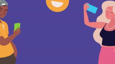 Akıllı telefon animasyonu kullanan genç çift, 4k video animasyonu