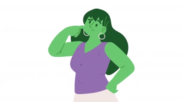 Verde Chica Con Dudas Carácter Video Animado — Vídeo de stock