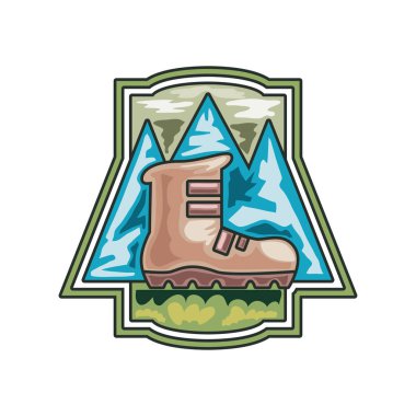 Dağlarda gezinen macera rozeti ikonu izole edildi