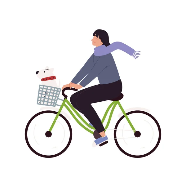 Mujer Perro Montar Bicicleta Icono Aislado — Vector de stock