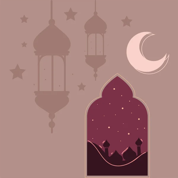 Fenêtre Arabe Croissant Lune Scène — Image vectorielle