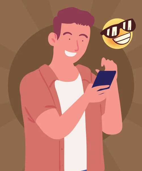 Chico Usando Smartphone Con Divertido Emoji — Vector de stock