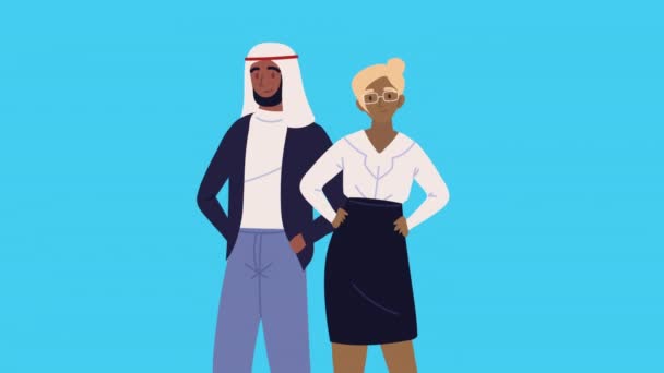 Arabe Och Afro Arbetare Par Teamwork Animation Video Animerad — Stockvideo