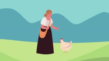 Tavuk animasyonlu kadın çiftçi, 4k video animasyonu