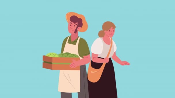 Pasangan Petani Dengan Keranjang Sayuran Animasi Video — Stok Video