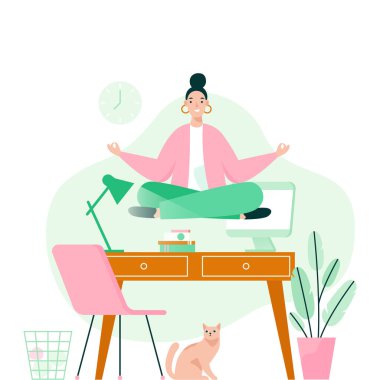 Masaüstünde yoga yapan bir kadın. Çok çalışmanın stresli duygularını yatıştırmak için meditasyon yapan bir kadın. Vektör illüstrasyonunu kabul et.
