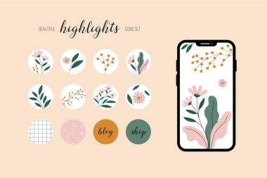 Sosyal medya için özet hikaye koleksiyonu. Soyut şekillere sahip yuvarlak ögeler ve simgeler, çiçek detayları, blog veya web sitesi dokusu.