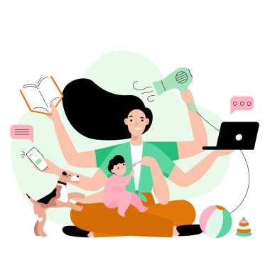 Meşgul anne evde bir sürü iş yapıyor. Altı elli stresli anne dizüstü bilgisayar, kitap, telefon, saç kurutma makinesi ve çocuğunu besliyor. Çoklu görev konsepti vektör illüstrasyonu.