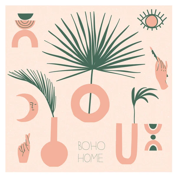 Bohem vazo koleksiyonu ve ev için modern dekorasyon. Boho şıklığı, modern çömlekçilik, palmiye dalları. Kartpostal veya çıkartmalar için düz vektör çizimi.