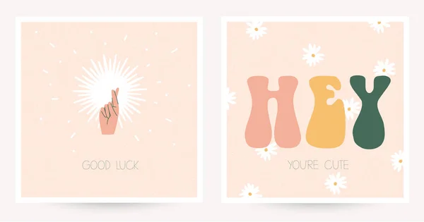 İki renkli kartpostal seti hippi stili ve eski harflerle. İyi şanslar mesajı at. Çok şirinsin. Boho şık desenli kartpostallar. Düz vektör illüstrasyonu.