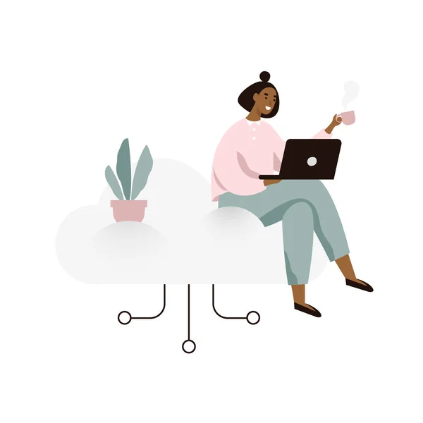 Jovem Mulher Trabalhando Laptop Sentado Uma Nuvem Ilustração Conceito Armazenamento — Vetor de Stock