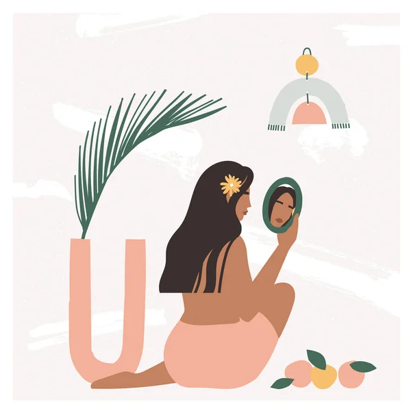 Modern iç mekanda yerde oturan ve aynaya bakan güzel bohem kadın. Yaz tatili havası, havalı sanat baskısı, terracotta. Sıcak pastel renklerde düz vektör illüstrasyonu.