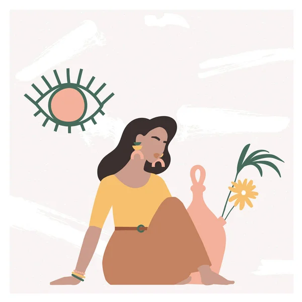 Modern iç mekanda vazo ve palmiye yapraklarıyla yerde oturan güzel bohem kadın. Yaz tatili havası, havalı sanat baskısı, terracotta. Sıcak pastel renklerde düz vektör illüstrasyonu.