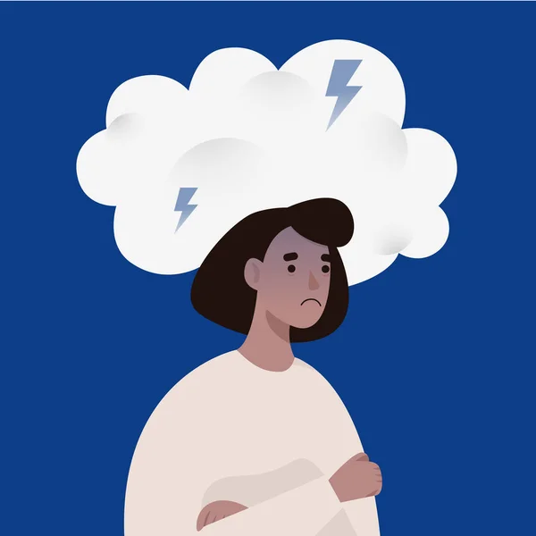 Fırtınalı bulutun altında duran mutsuz kadın. Kötü duygular ve endişe konsepti çizimi. 