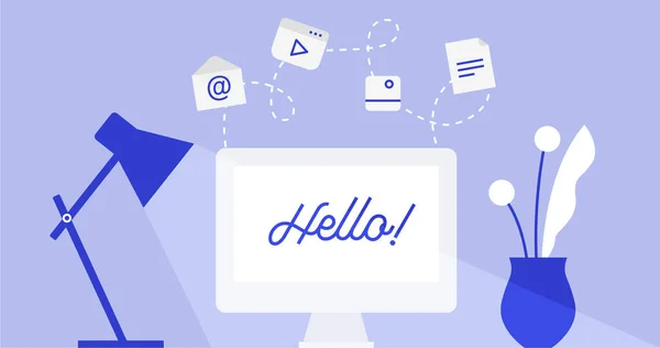 İş yeri konsepti, ofis masası ya da masa, bilgisayar, lamba ve uçan ikonlar. Düz vektör illüstrasyonu.