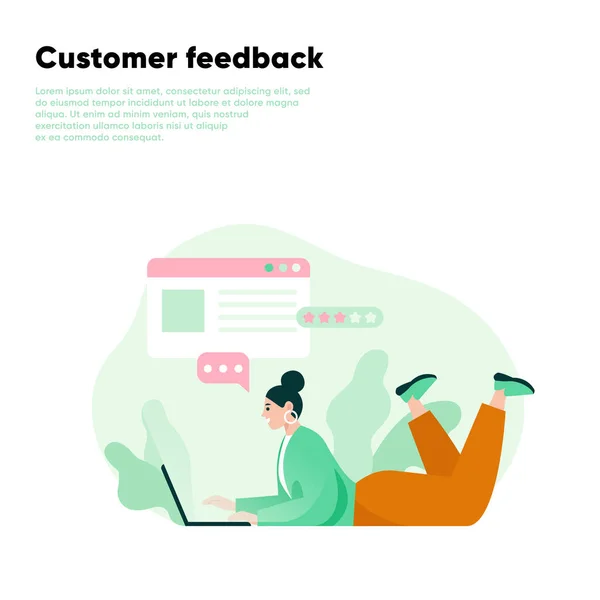 Bir kadın dizüstü bilgisayar kullanarak eleştiriden ayrılıyor. Müşteri yorumları çevrimiçi. İfadeler, geri bildirim, değerlendirme. Düz vektör illüstrasyonu.