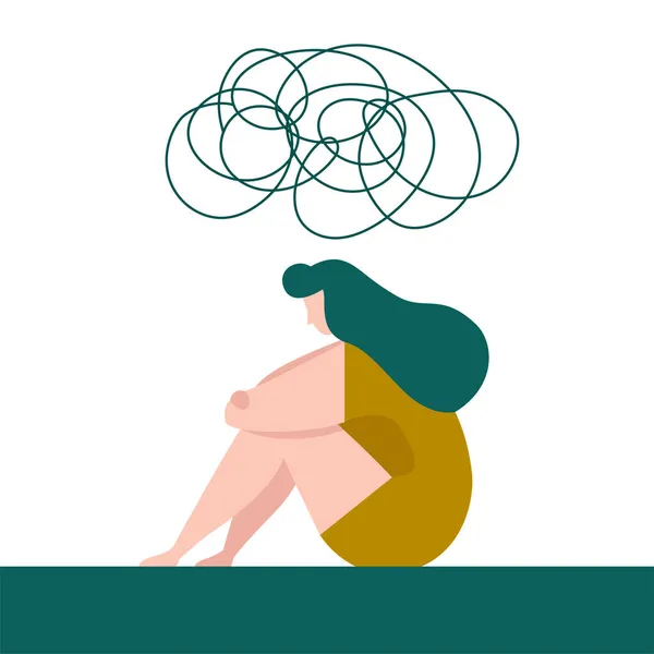 Karmaşık bulutların altında yerde oturan depresif bir kadın. Üzüntü ve melankolik konsept örnekleme.