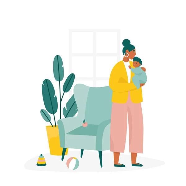 Anne çocuğunu kucağında tutuyor. Ev hanımı anne. Annelik ve kariyer. Düz vektör illüstrasyonu