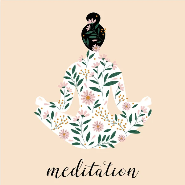 Meditasyon pozunda oturan kadın silueti. Lotus siluet oluşturuyor. Çiçek deseni. 