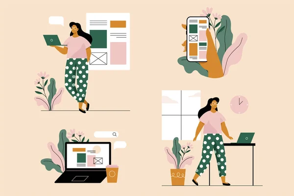 Jovem Mulher Com Laptop Smartphone Conjunto Ilustrações Ilustração Vetorial Estilo — Vetor de Stock