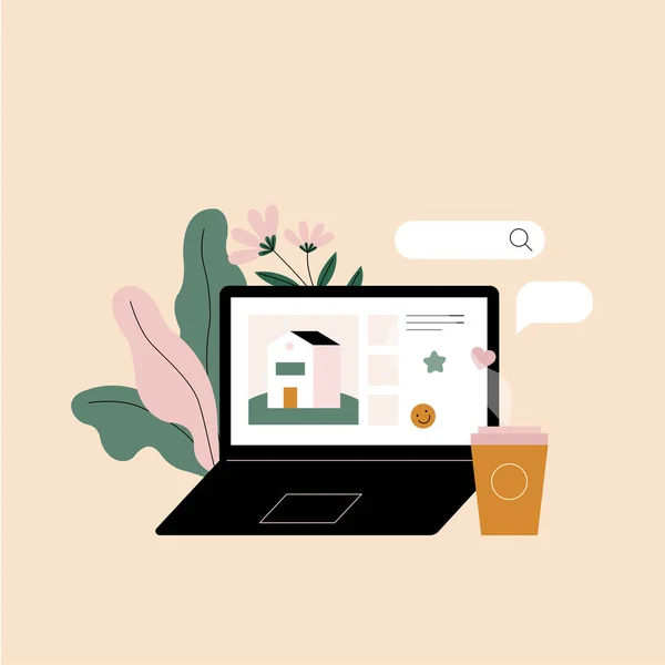 Ekranda ev resmi olan dizüstü bilgisayar. Çevrimiçi ev alımı. Laptoplu, kahveli ve çiçekli bir masa. Vektör illüstrasyonu.