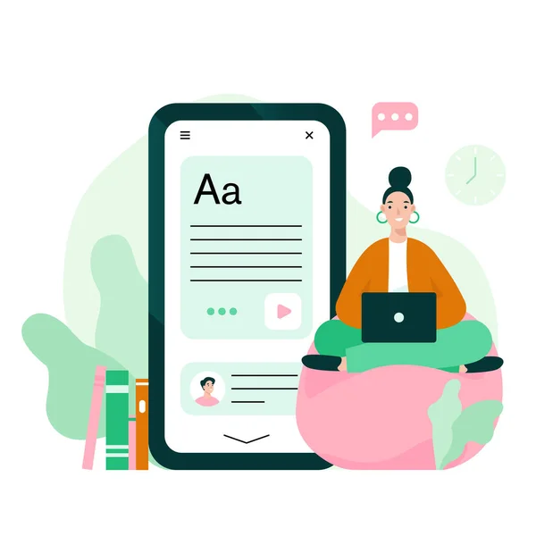 Bilgisayarlı genç bir kadın çevrimiçi kursa gidiyor. E-öğrenme veya çevrimiçi eğitim konsepti çizimi.