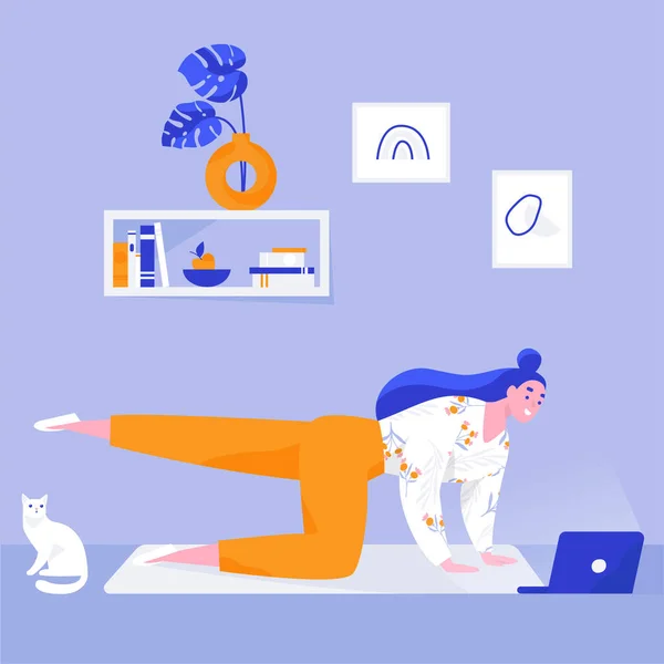 Evde dizüstü bilgisayarla yoga yapan bir kadın. Yeni başlayanlar için çevrimiçi yoga dersleri. Düz vektör illüstrasyonu.