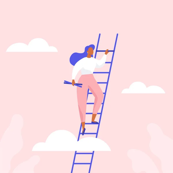 Woman Climbing Stairs Areer Growth Achievement Success Business Study Flat — Stock Vector