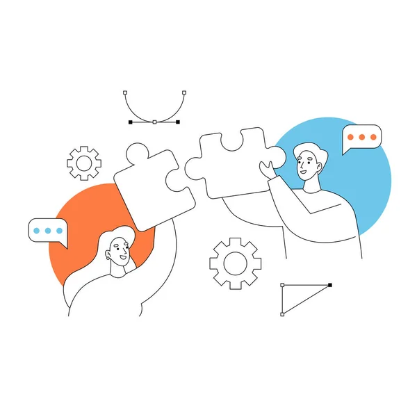 Takım çalışması işbirliği. Ellerinde bulmacalar olan iki işçi. Vektör illüstrasyonunu kabul et.