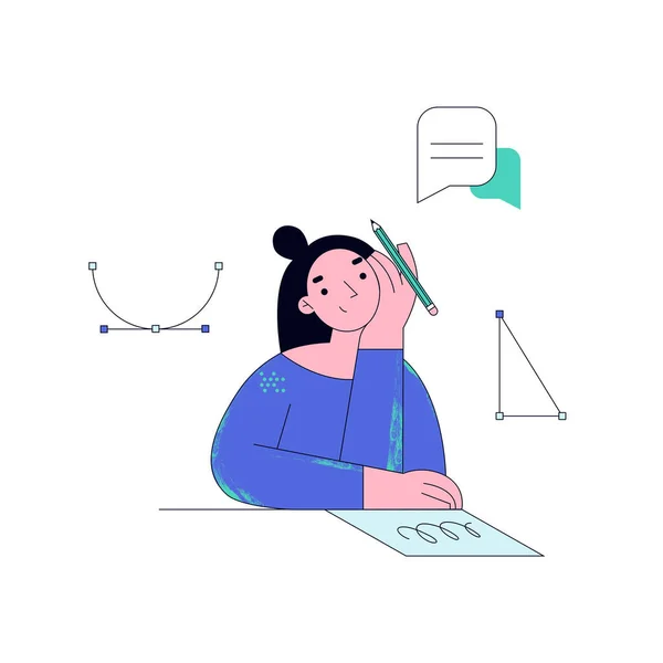 İnternette okuyan genç bir kadın. Ödev yapan bir öğrenci. Çevrimiçi eğitim kavramı illüstrasyonu.