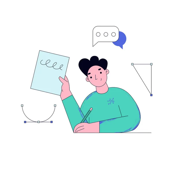 İnternette okuyan genç bir adam. Ödev yapan bir öğrenci. Çevrimiçi eğitim kavramı illüstrasyonu.